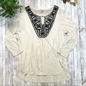 LUCKY BRAND embroidered cream 3/4 sleeve top-Med